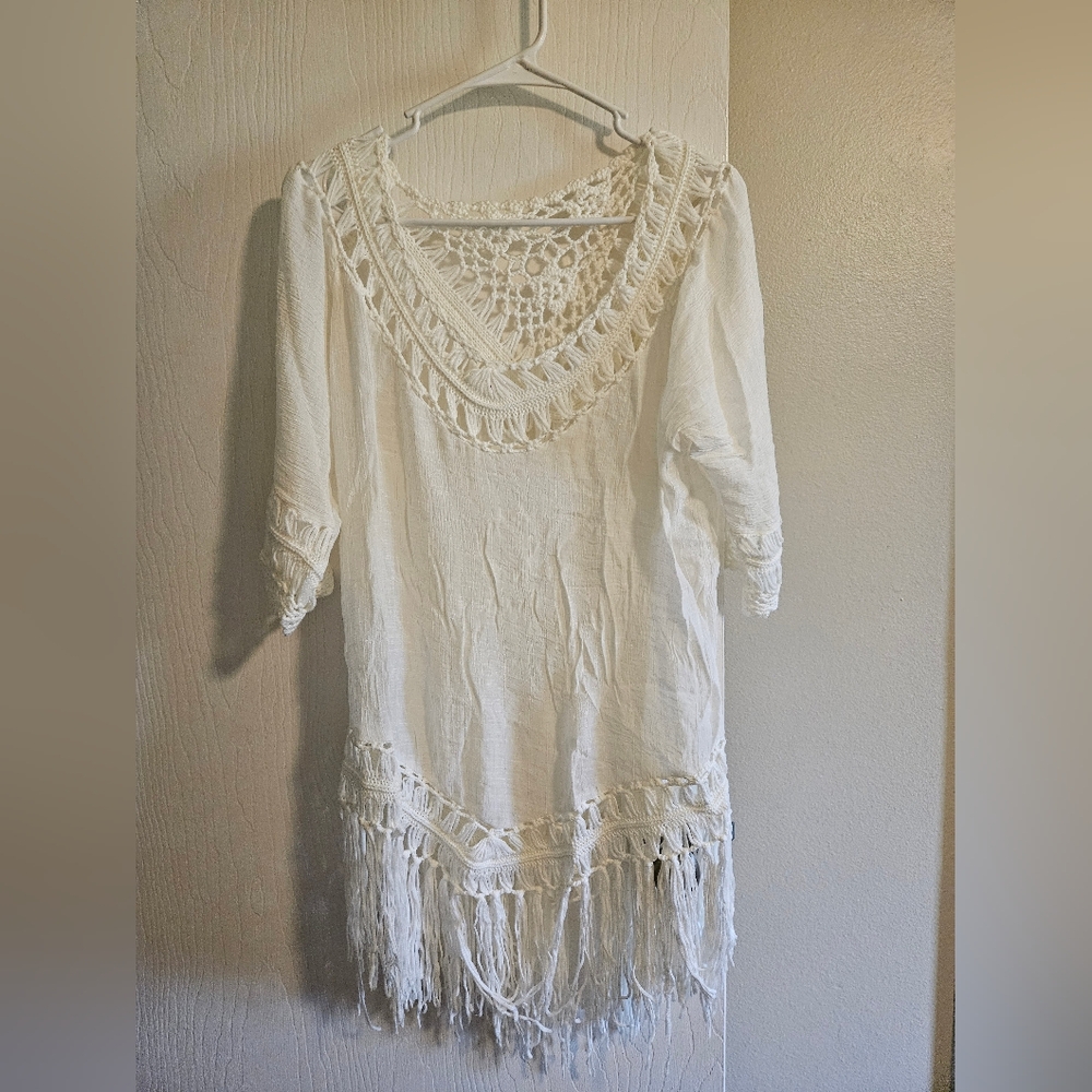 Womens Cupshe White Crochet Fringe Swim Suit Cover-Up
